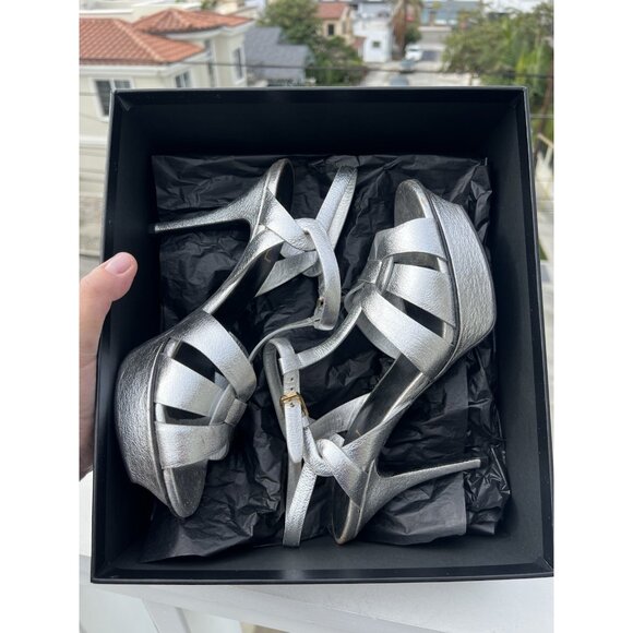 Yves St. Laurent Tribute metallic silver platfrom t-strap sandals open toe 39.5 - Picture 4 of 16
